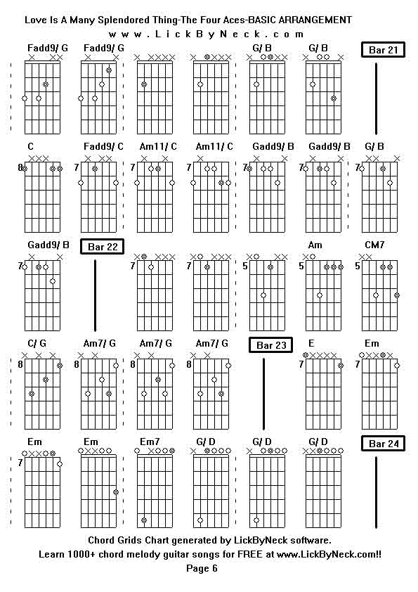 Chord Grids Chart of chord melody fingerstyle guitar song-Love Is A Many Splendored Thing-The Four Aces-BASIC ARRANGEMENT,generated by LickByNeck software.